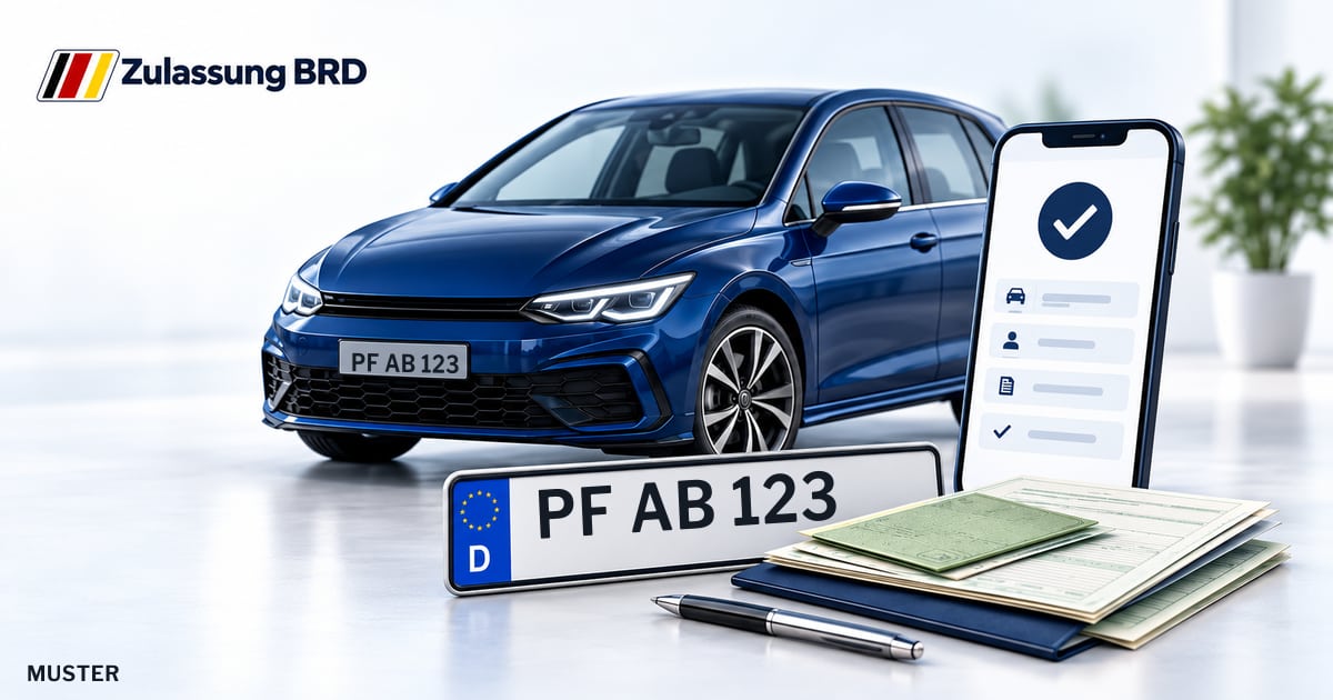 Online Fahrzeugzulassung in Enzkreis: Musterkennzeichen PF AB 123, Auto und Fahrzeugpapiere und Smartphone. Illustration mit Logo von Zulassung BRD.